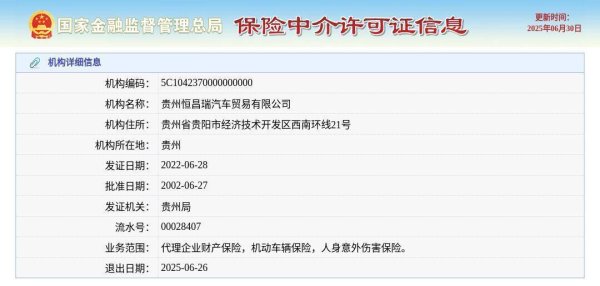 在线配资门户论坛 贵州恒昌瑞汽车贸易有限公司获准退出，退出日期2025年6月26日